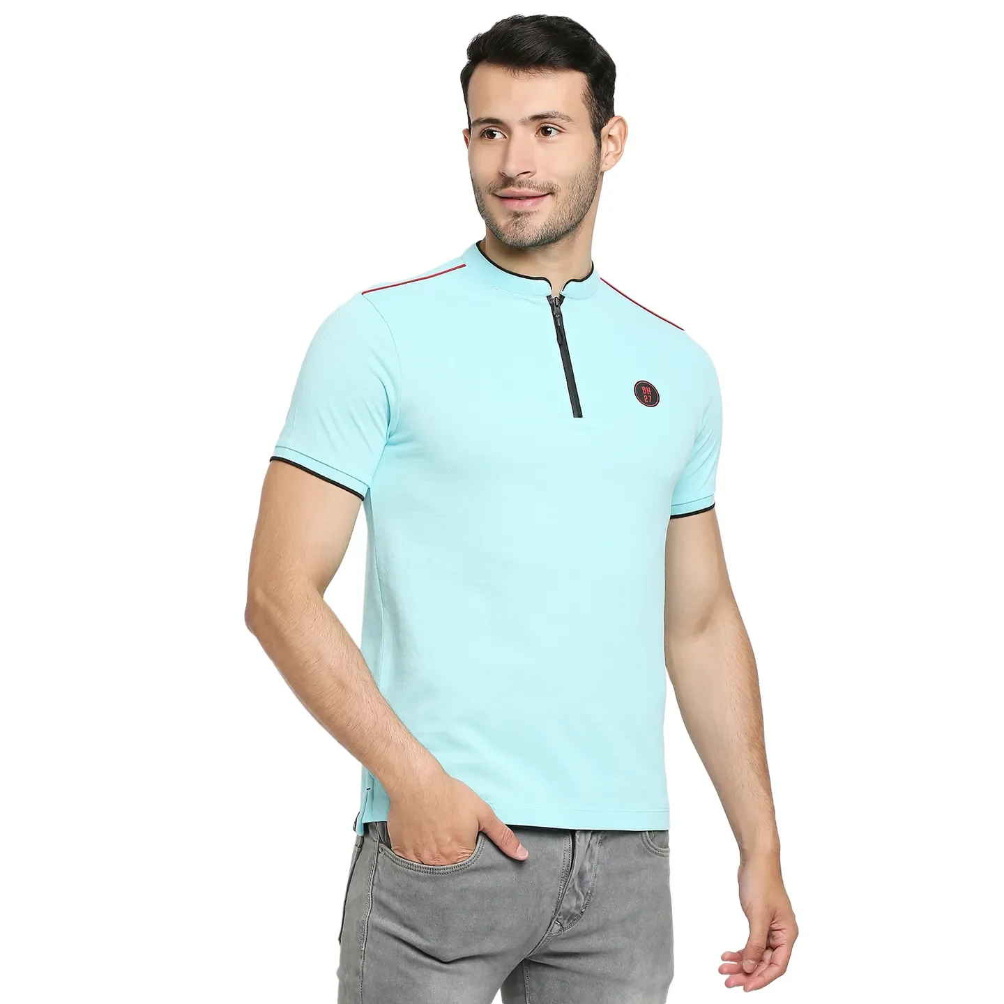 Ice Blue Regular Fit Mandarin Collar Men's Polo T-Shirt by Being Human Clothing - Image 3
