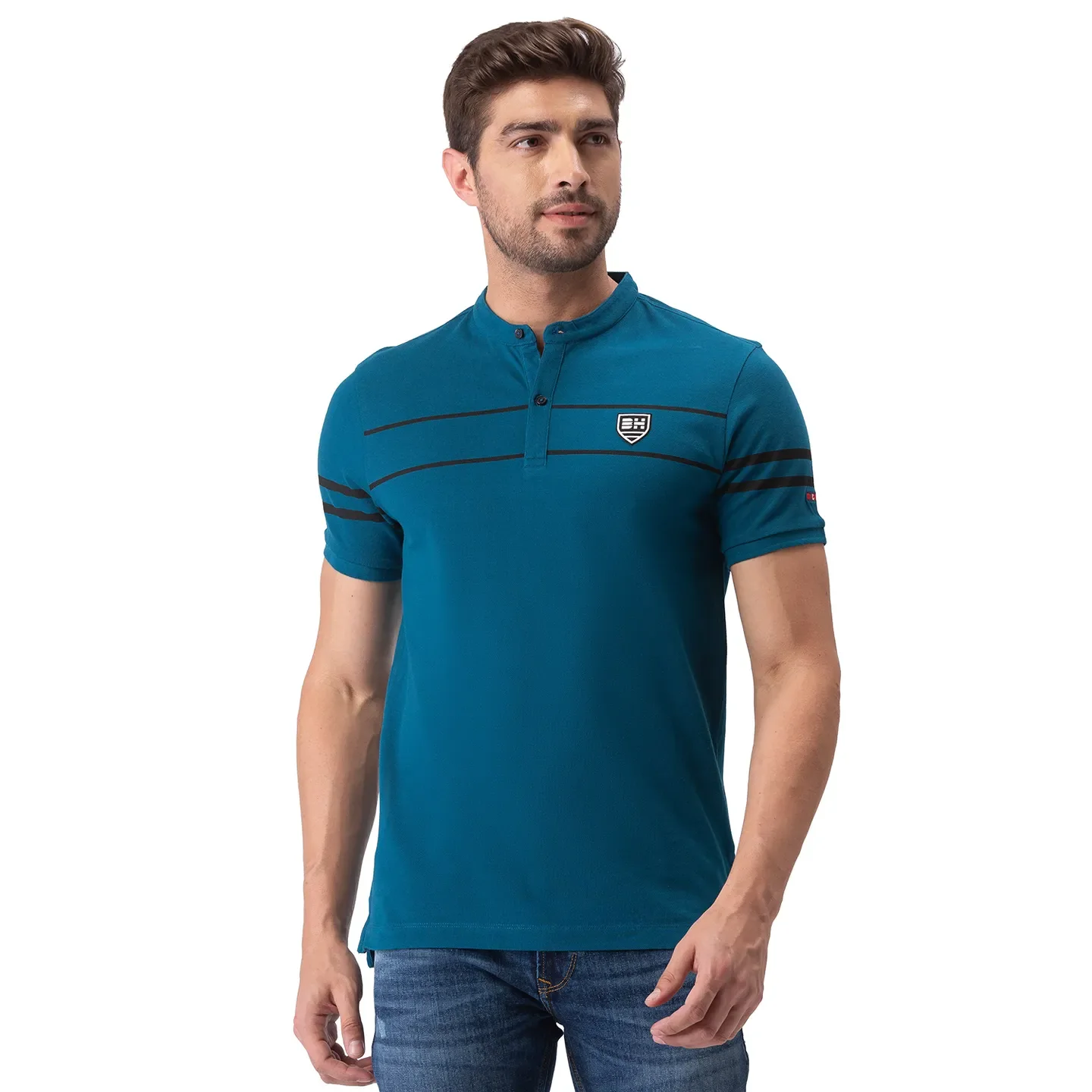 Ocean Blue Regular Fit Mandarin Collar Men's Polo T-Shirt by Being Human Clothing