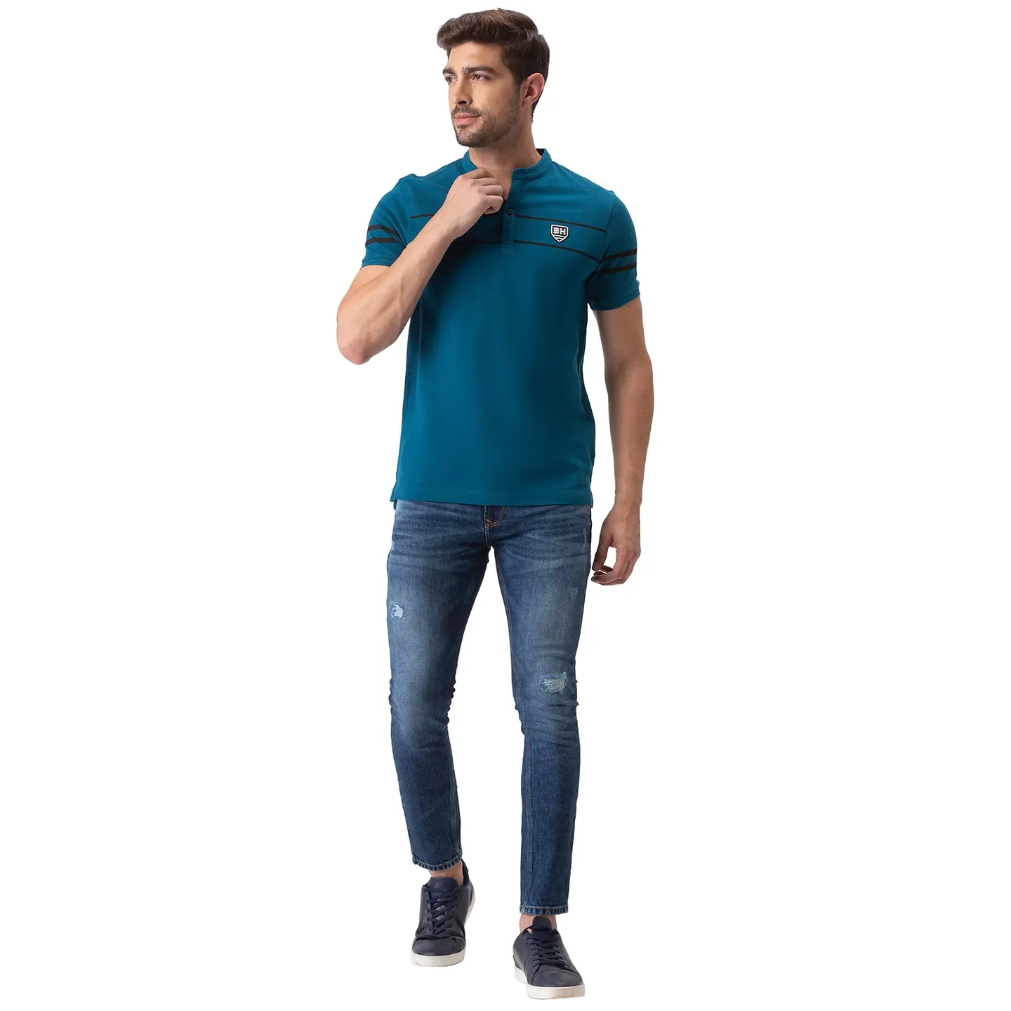 Ocean Blue Regular Fit Mandarin Collar Men's Polo T-Shirt by Being Human Clothing - Image 2