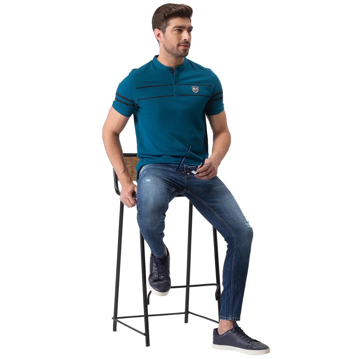 Ocean Blue Regular Fit Mandarin Collar Men's Polo T-Shirt by Being Human Clothing - Image 6