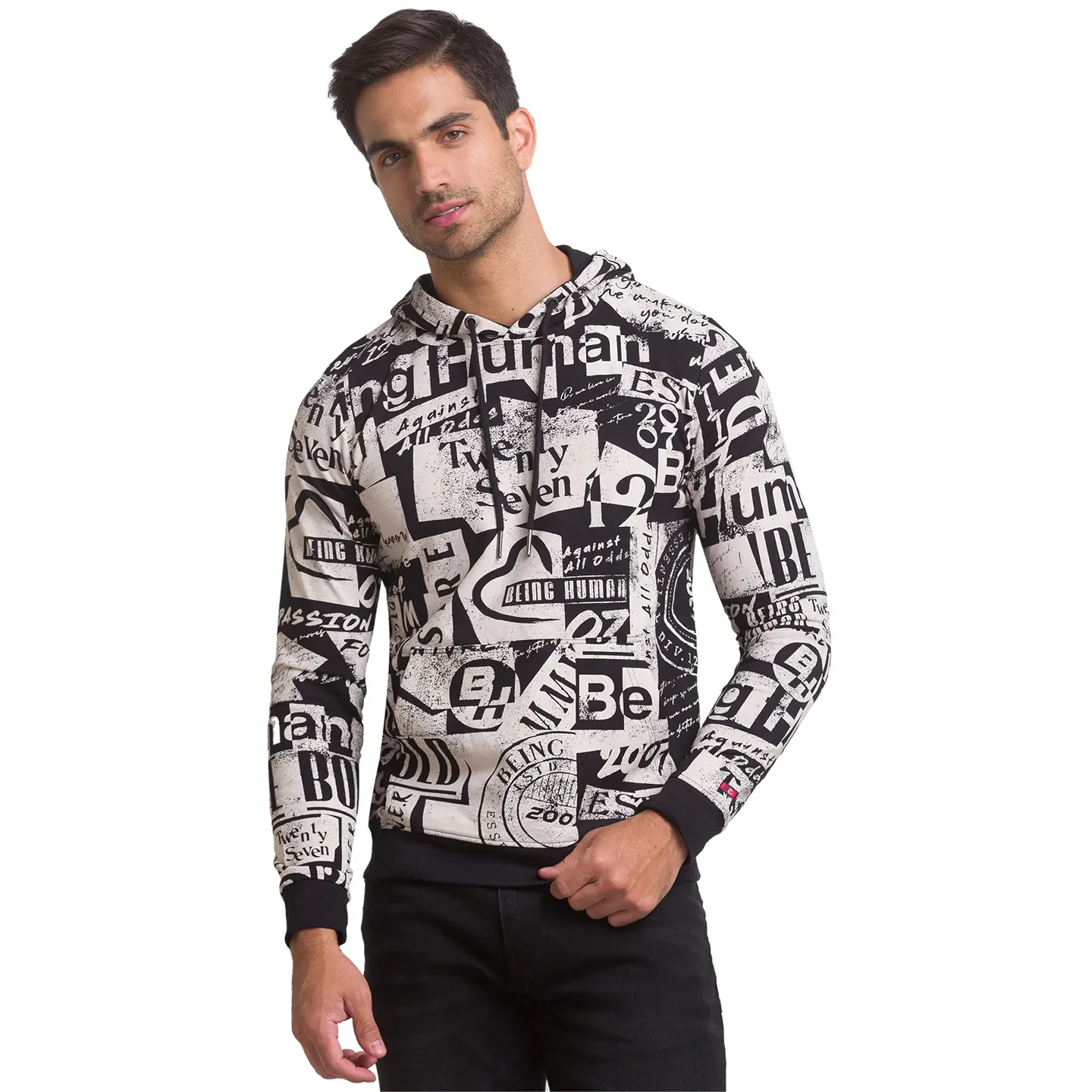 Black Regular Fit Round Neck Long Sleeves Cotton Men's Hoodie by Being Human Clothing