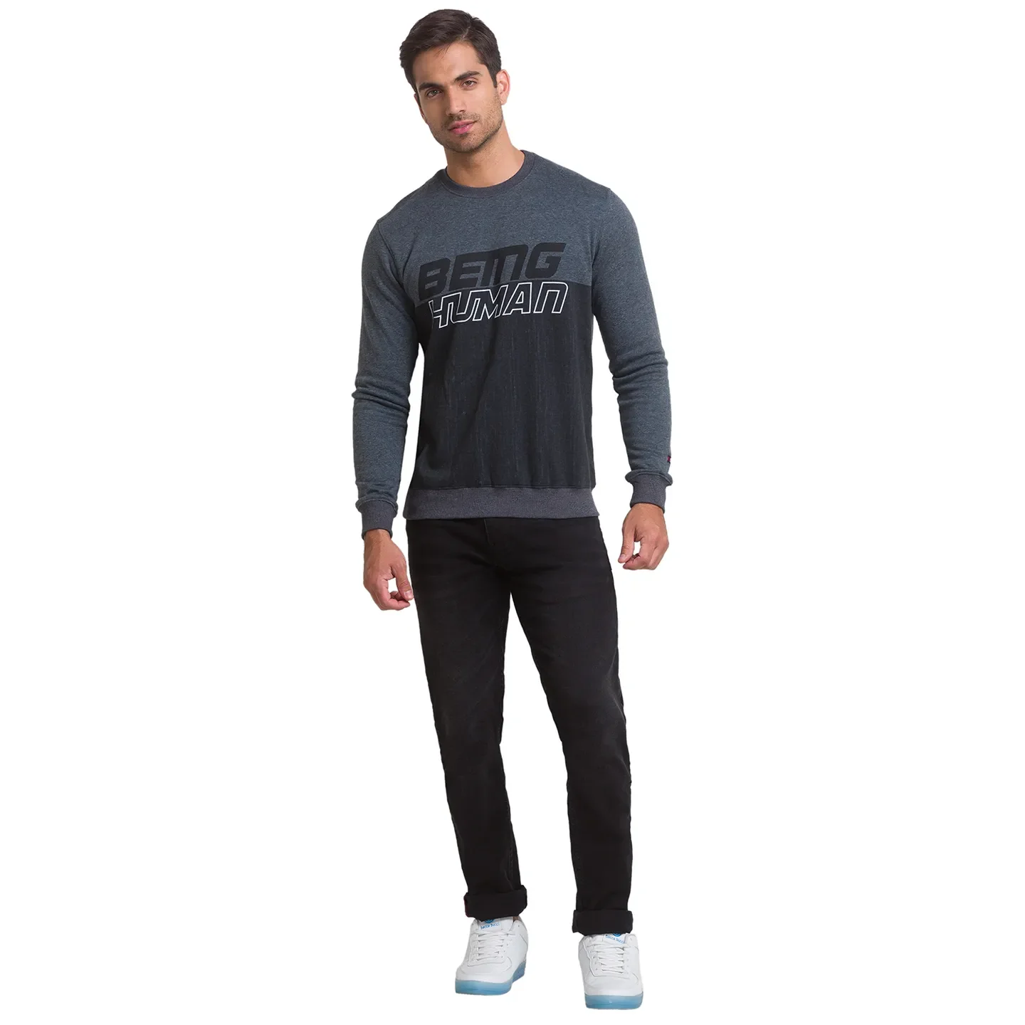 Grey Regular Fit Round Neck Long Sleeves Cotton Men's Sweatshirt by Being Human Clothing - Image 3