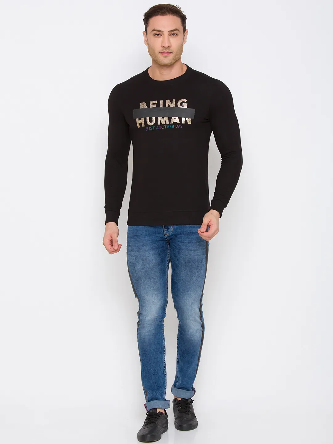 Black Regular Fit Round Neck Long Sleeves Cotton Men's Sweatshirt by Being Human Clothing - Image 2