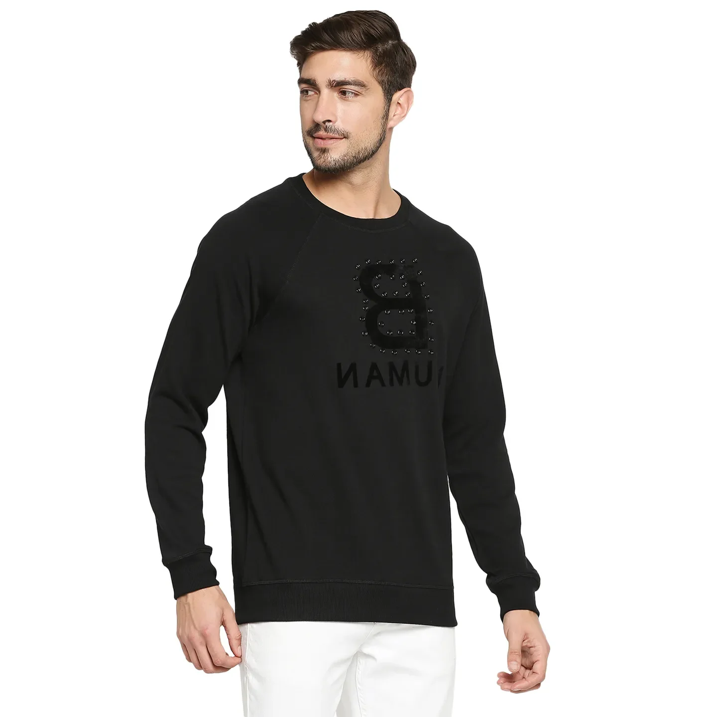 Black Regular Fit Round Neck Long Sleeves Cotton Men's Sweatshirt by Being Human Clothing - Image 3
