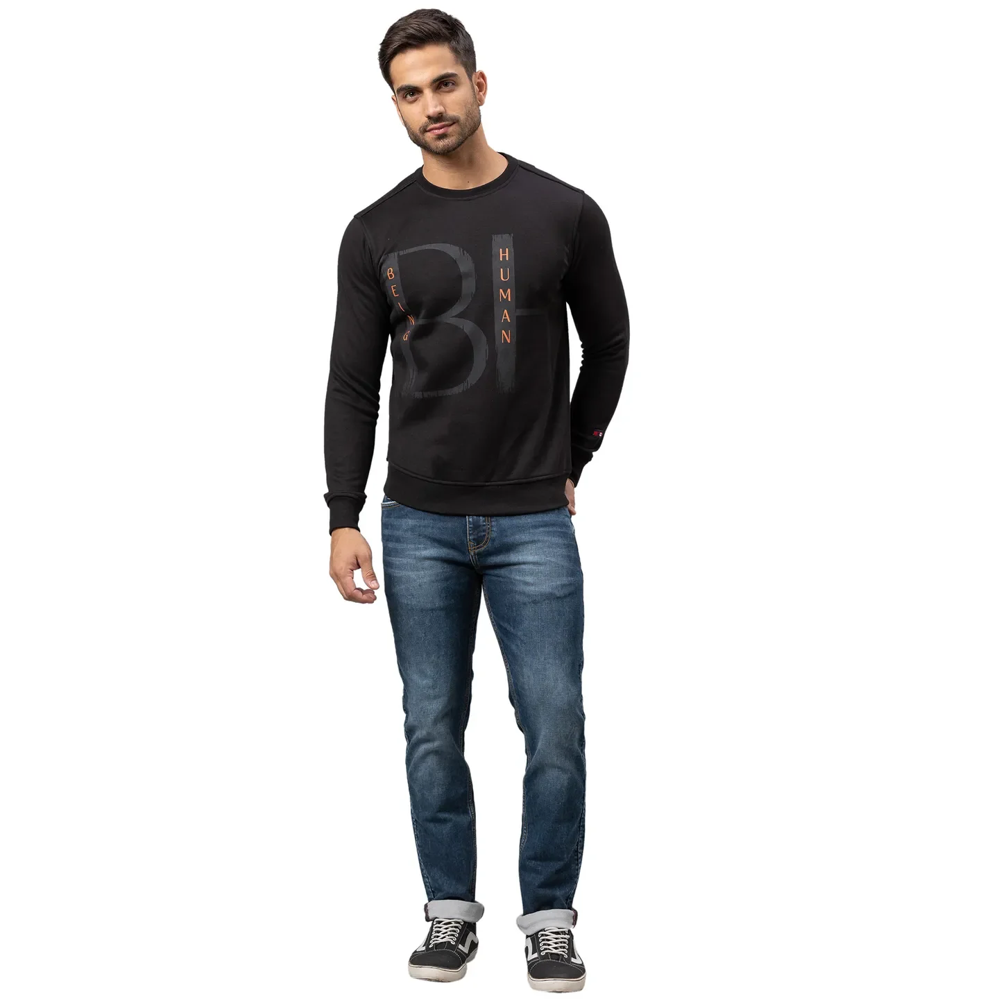 Black Regular Fit Round Neck Long Sleeves Cotton Men's Sweatshirt by Being Human Clothing - Image 2