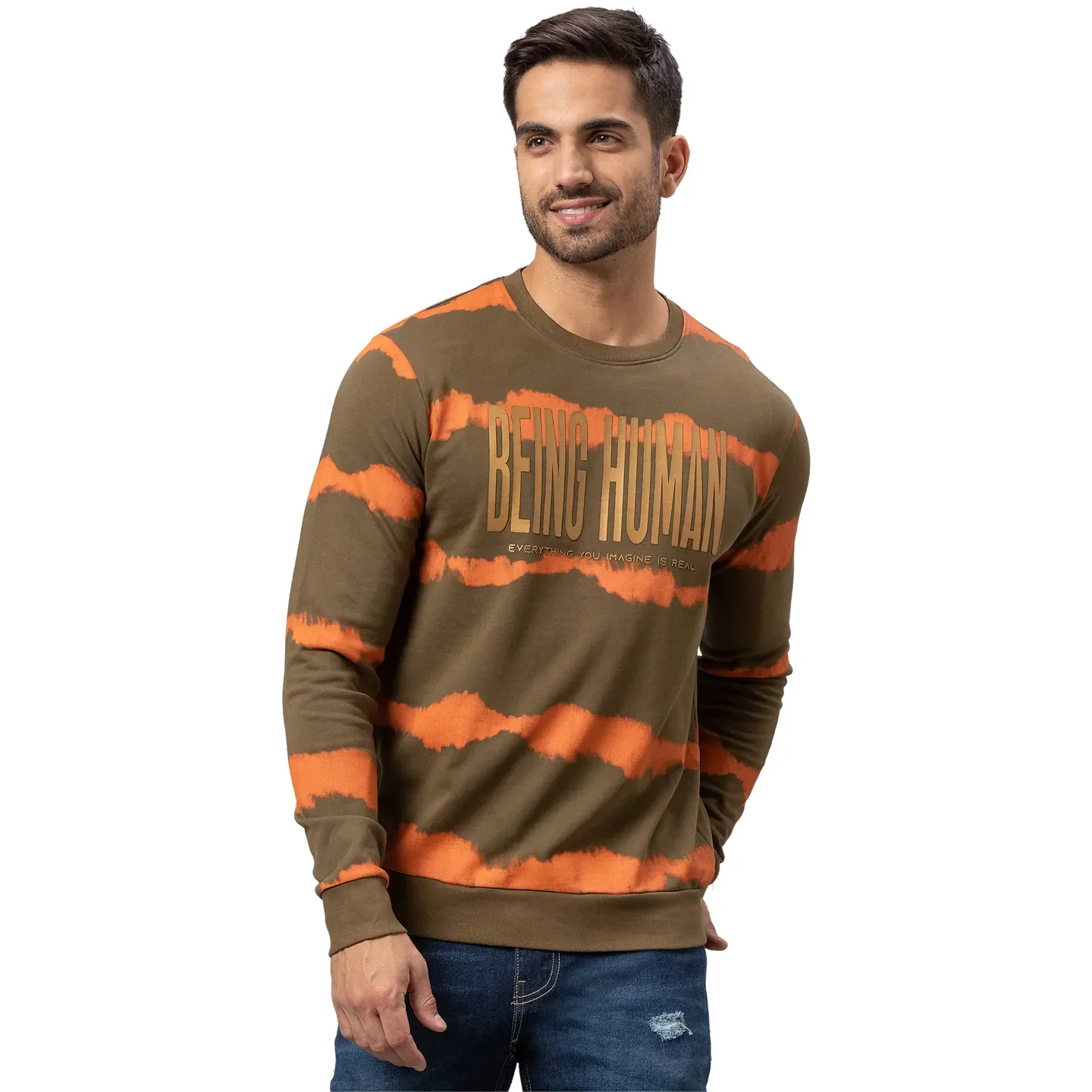 Olive Regular Fit Round Neck Long Sleeves Cotton Men's Sweatshirt by Being Human Clothing