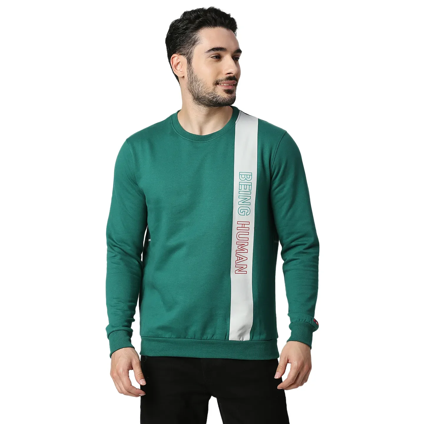 Green Regular Fit Round Neck Long Sleeves Cotton Men's Sweatshirt by Being Human Clothing