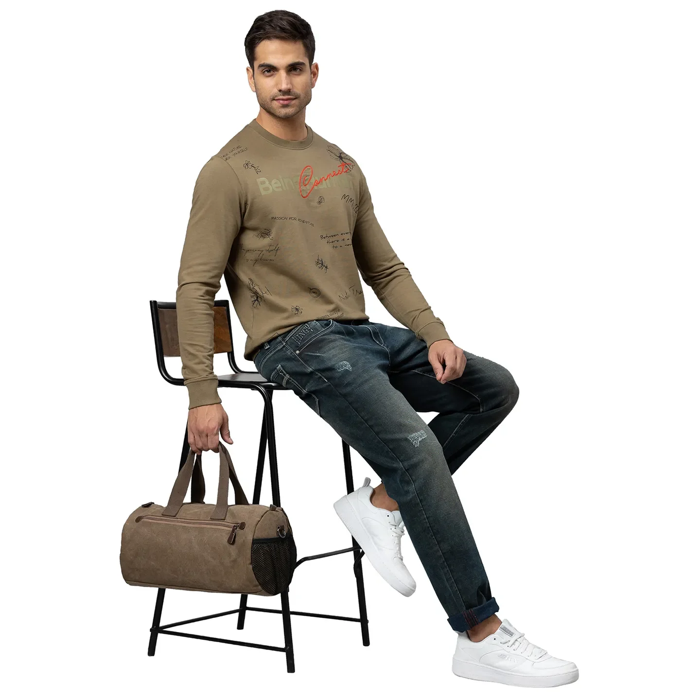 Olive Regular Fit Round Neck Long Sleeves Cotton Men's Sweatshirt by Being Human Clothing - Image 5