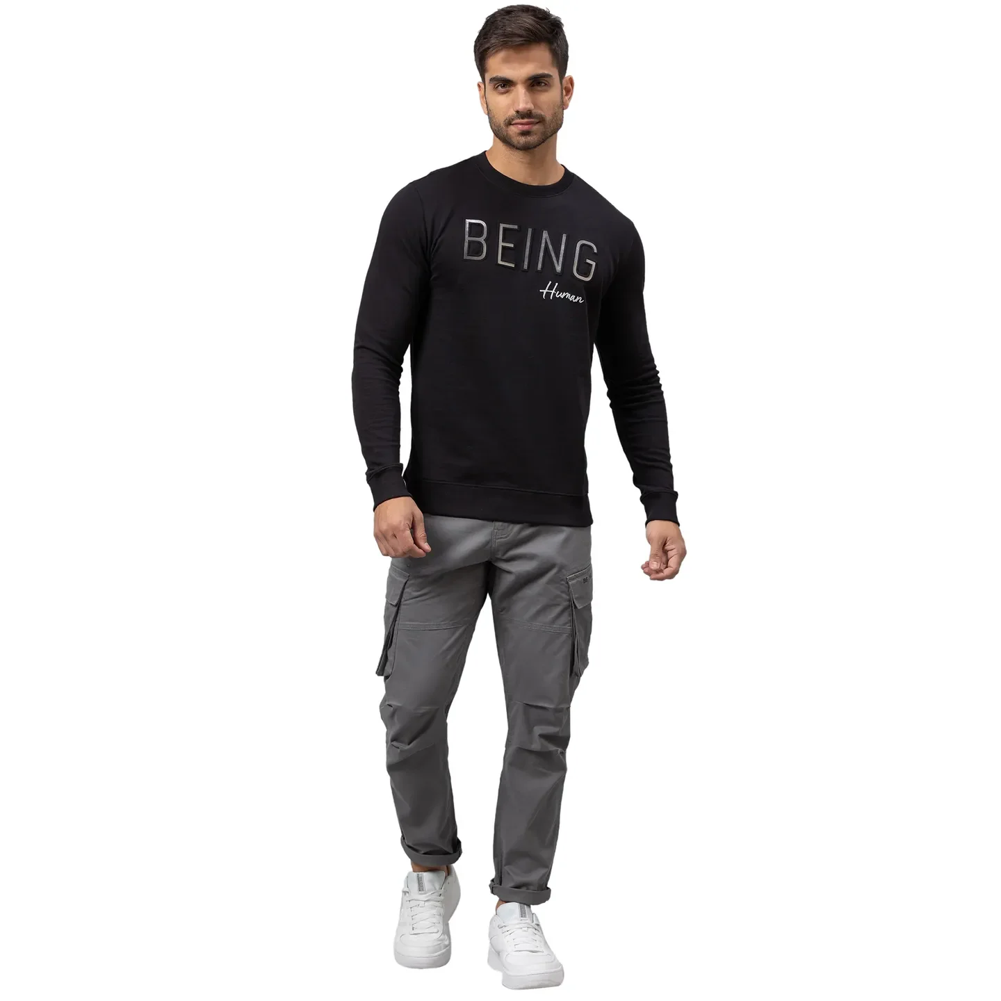 Black Regular Fit Round Neck Long Sleeves Cotton Men's Sweatshirt by Being Human Clothing - Image 2