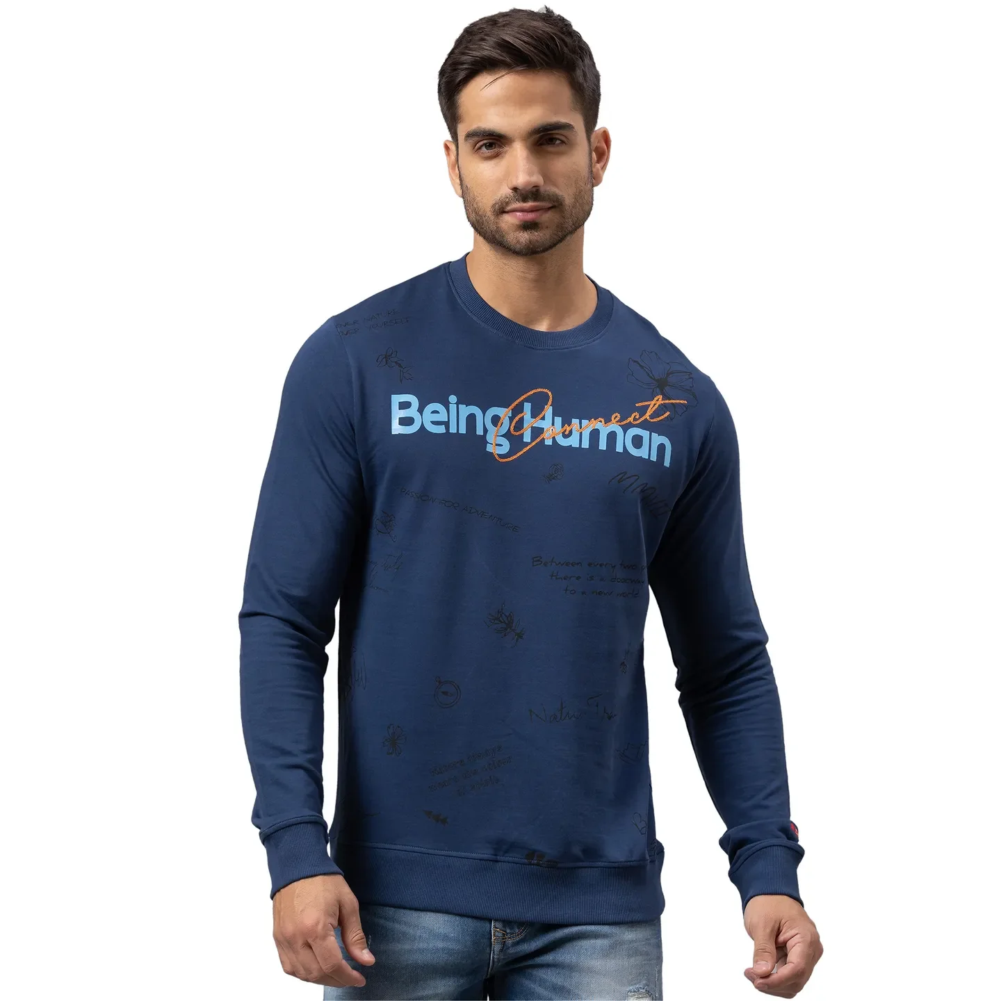 Blue Regular Fit Round Neck Long Sleeves Cotton Men's Sweatshirt by Being Human Clothing