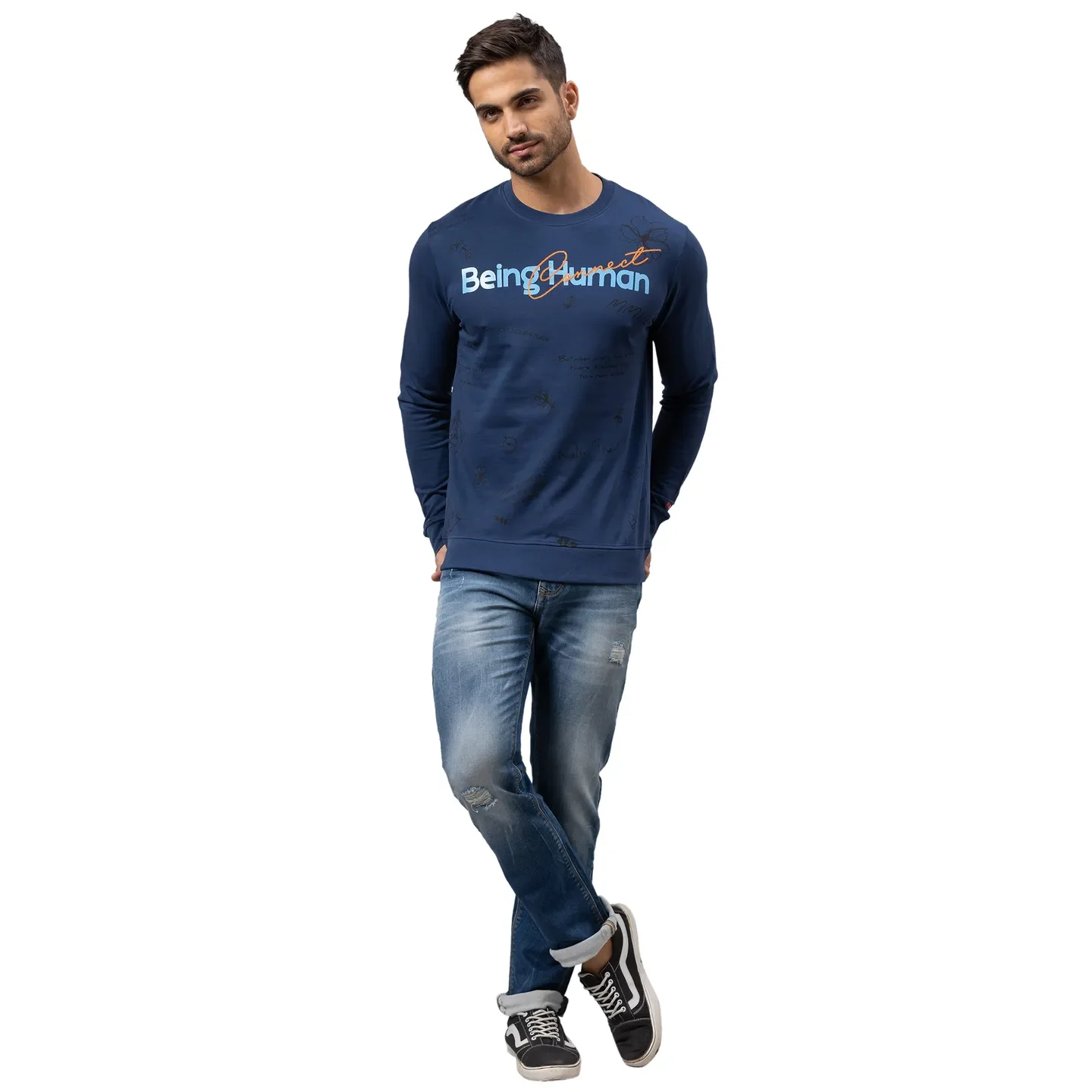 Blue Regular Fit Round Neck Long Sleeves Cotton Men's Sweatshirt by Being Human Clothing - Image 2