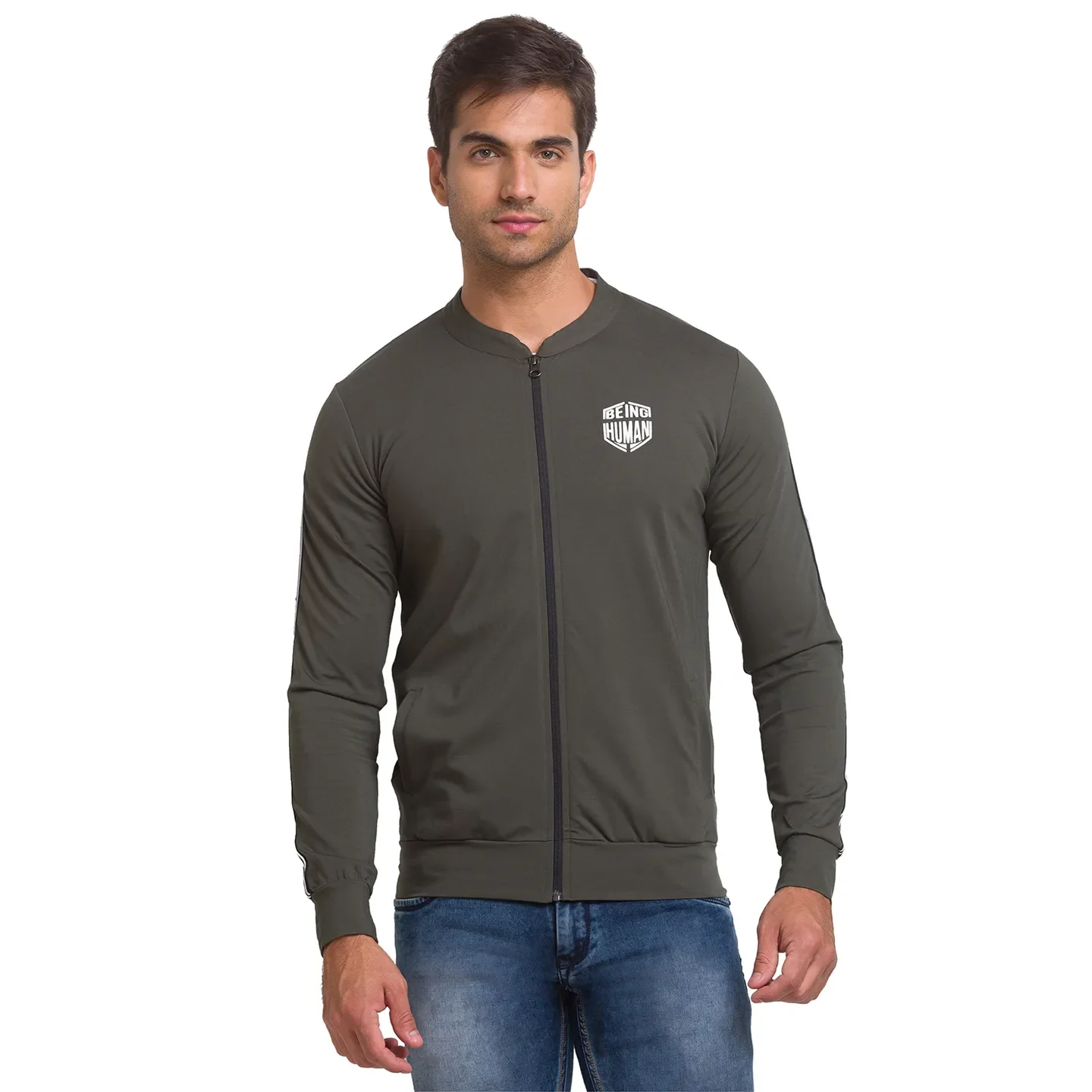 Olive Regular Fit Round Neck Long Sleeves Rayon Men's Sweatshirt by Being Human Clothing