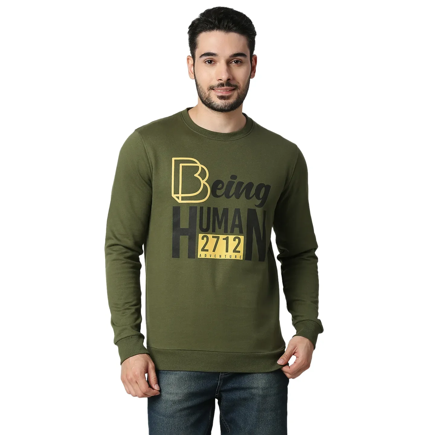 Olive Regular Fit Round Neck Long Sleeves Cotton Men's Sweatshirt by Being Human Clothing