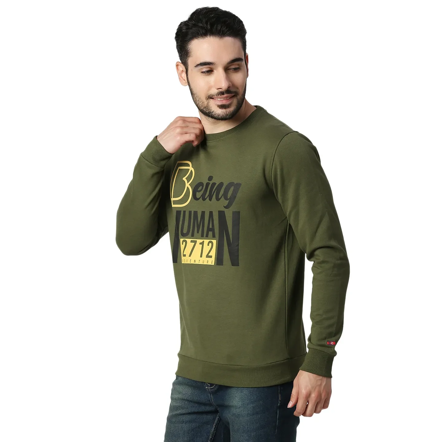 Olive Regular Fit Round Neck Long Sleeves Cotton Men's Sweatshirt by Being Human Clothing - Image 2