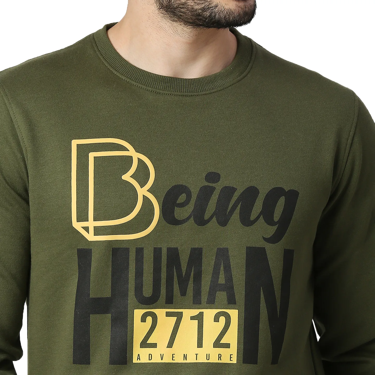 Olive Regular Fit Round Neck Long Sleeves Cotton Men's Sweatshirt by Being Human Clothing - Image 4