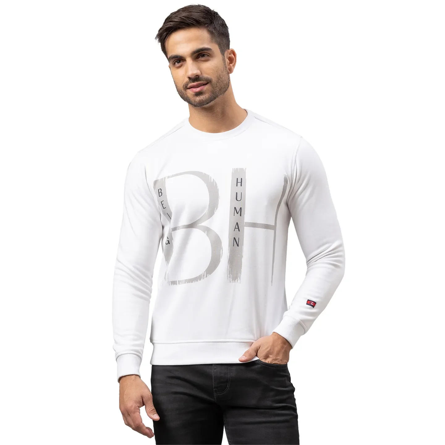 White Regular Fit Round Neck Long Sleeves Cotton Men's Sweatshirt by Being Human Clothing