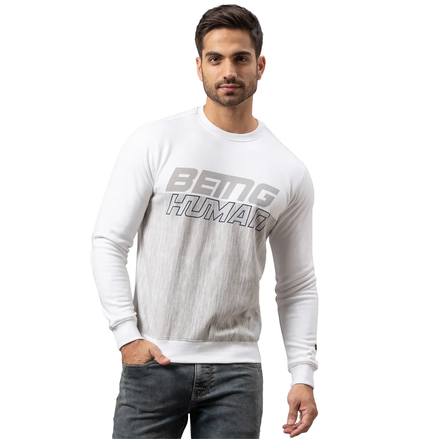 White Regular Fit Round Neck Long Sleeves Cotton Men's Sweatshirt by Being Human Clothing