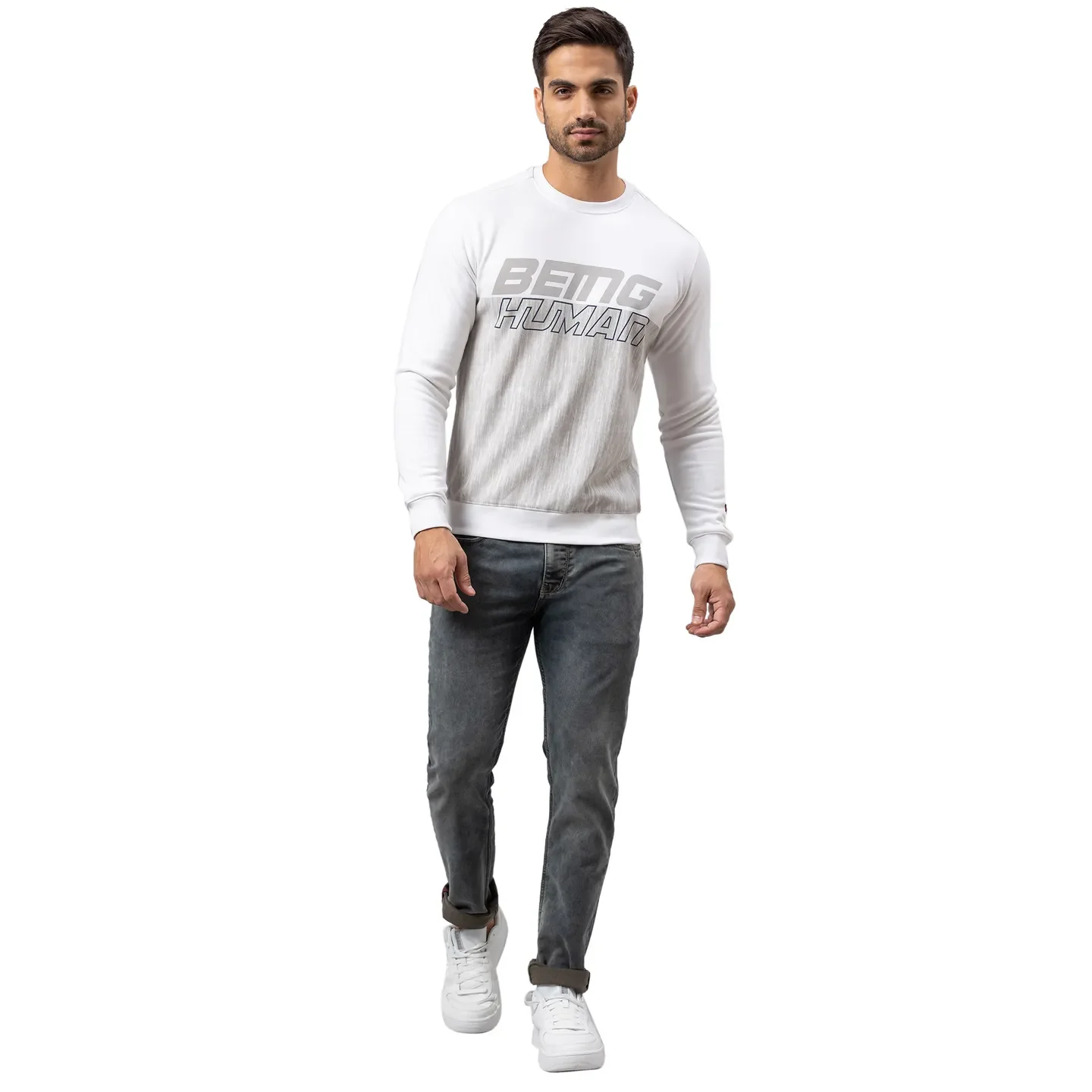 White Regular Fit Round Neck Long Sleeves Cotton Men's Sweatshirt by Being Human Clothing - Image 2