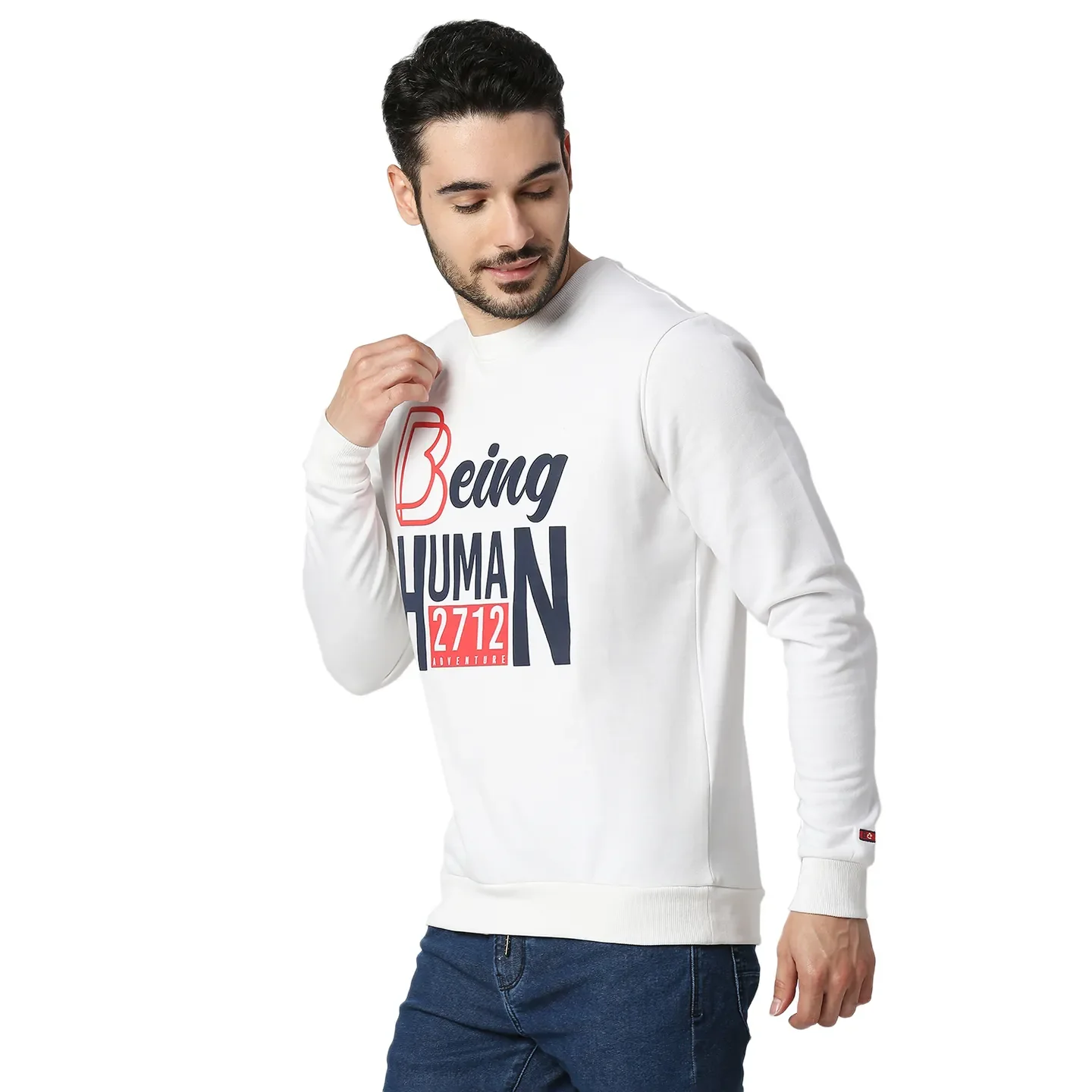 White Regular Fit Round Neck Long Sleeves Cotton Men's Sweatshirt by Being Human Clothing - Image 2