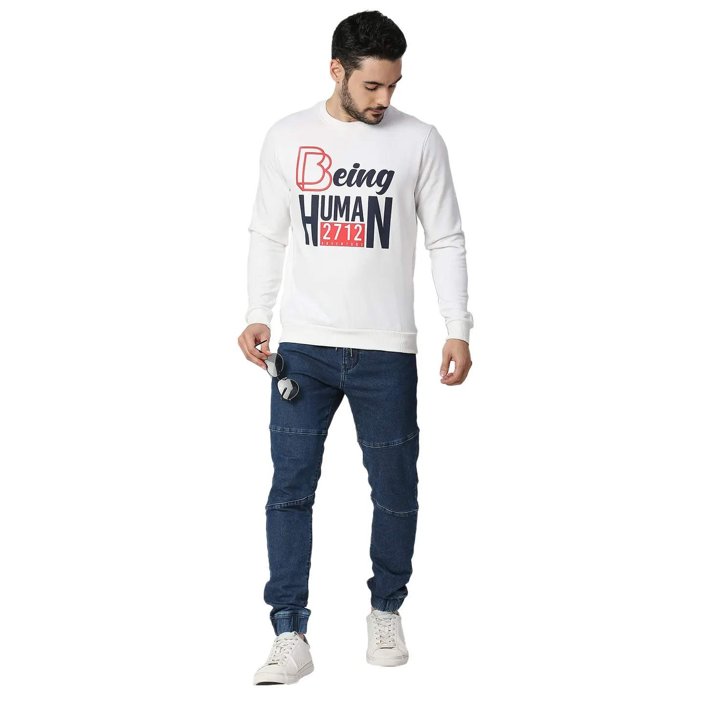 White Regular Fit Round Neck Long Sleeves Cotton Men's Sweatshirt by Being Human Clothing - Image 5
