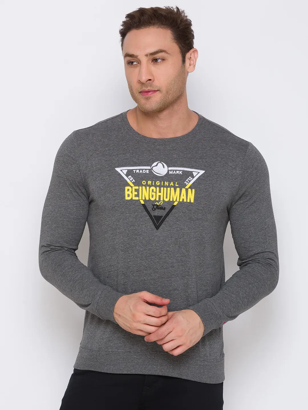 Grey Regular Fit Men's Long Sleeves T-Shirt by Being Human Clothing