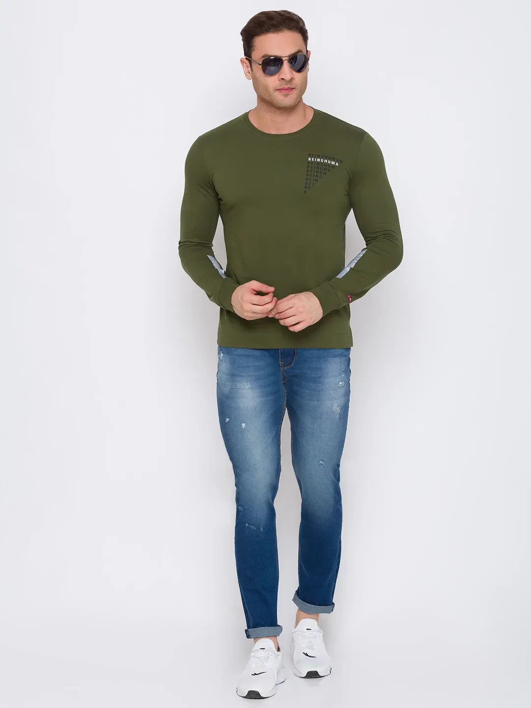 Green Regular Fit Men's Long Sleeves T-Shirt by Being Human Clothing - Image 5