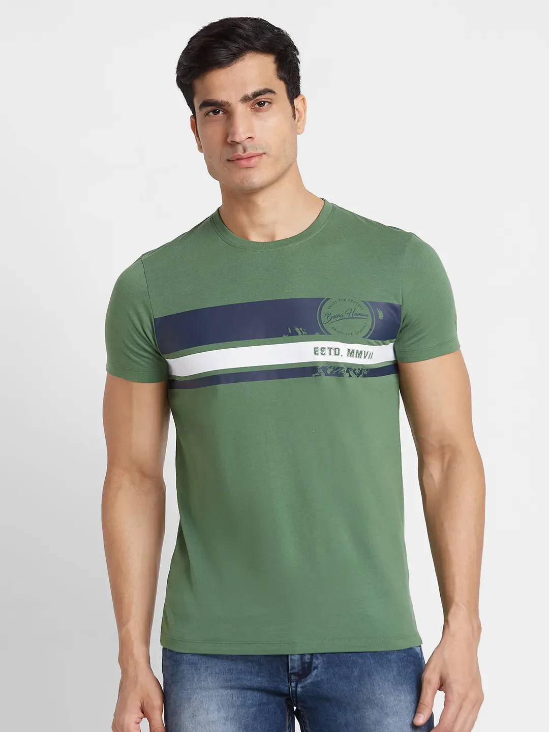Green Regular Fit Round Neck Men's T-Shirt by Being Human Clothing