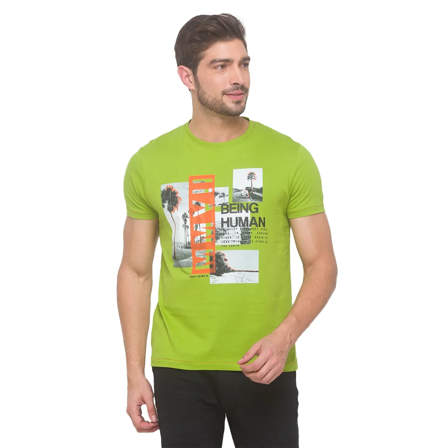Bean Green Regular Fit Round Neck Men's T-Shirt by Being Human Clothing