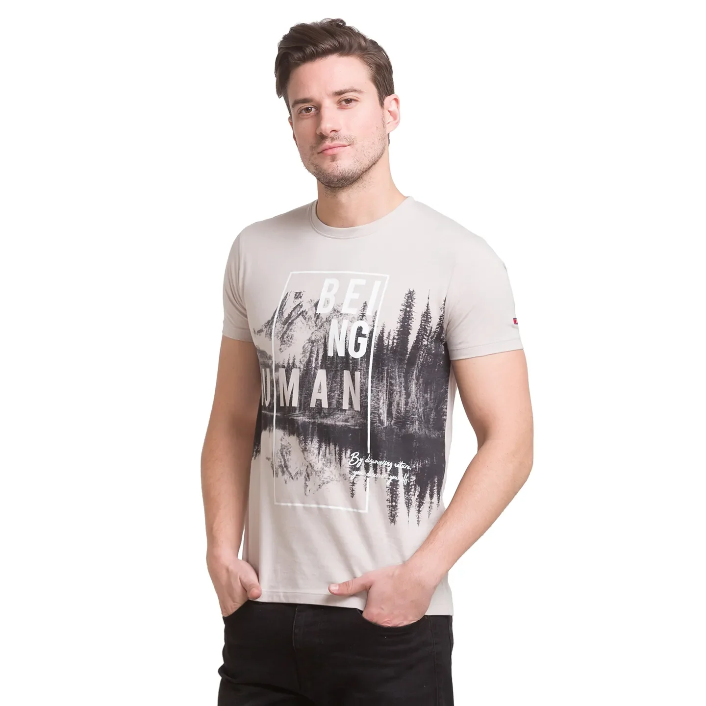 Beige Regular Fit Men's Short Sleeves T-Shirt by Being Human Clothing