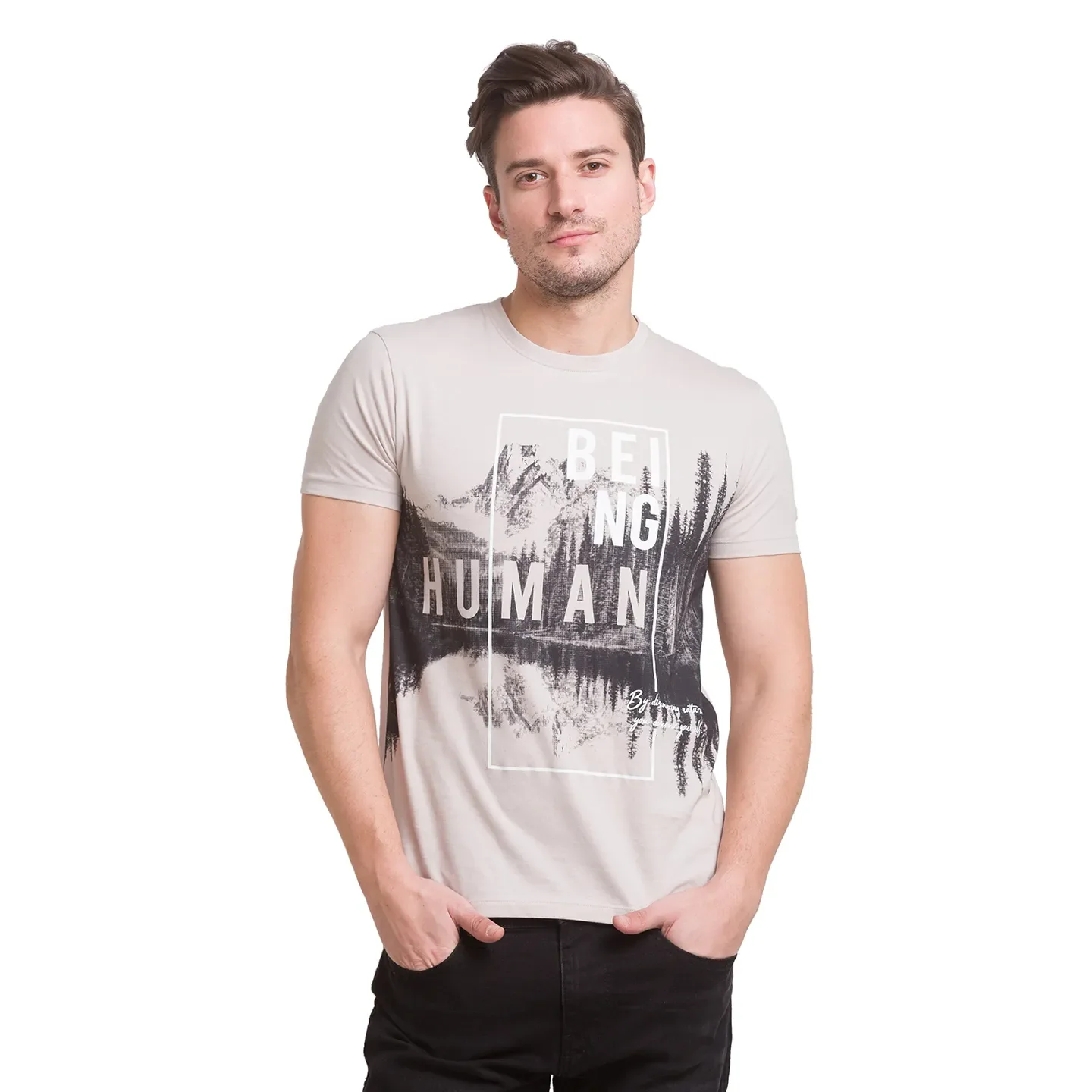 Beige Regular Fit Men's Short Sleeves T-Shirt by Being Human Clothing - Image 7