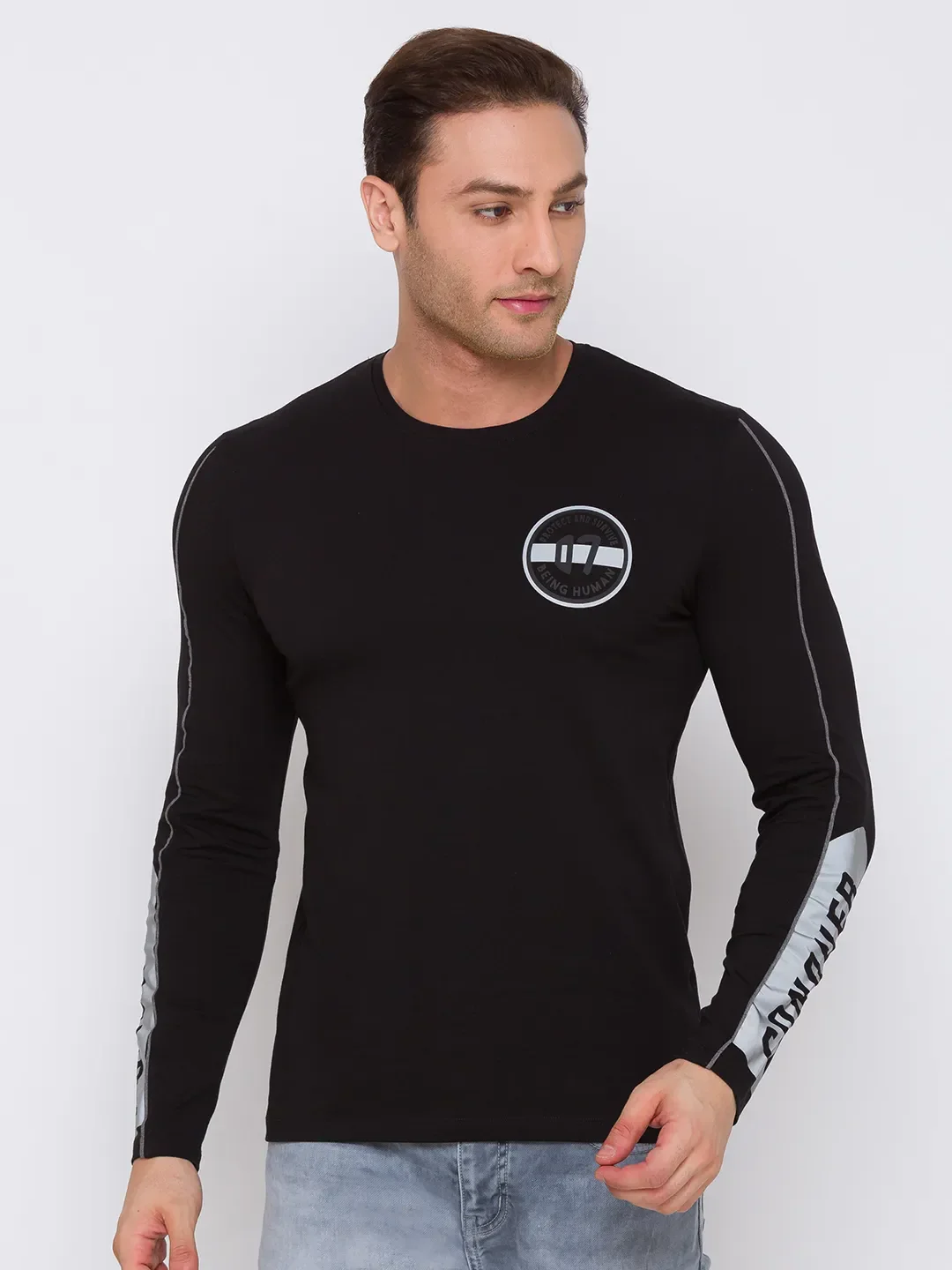 Black Regular Fit Men's Long Sleeves T-Shirt by Being Human Clothing