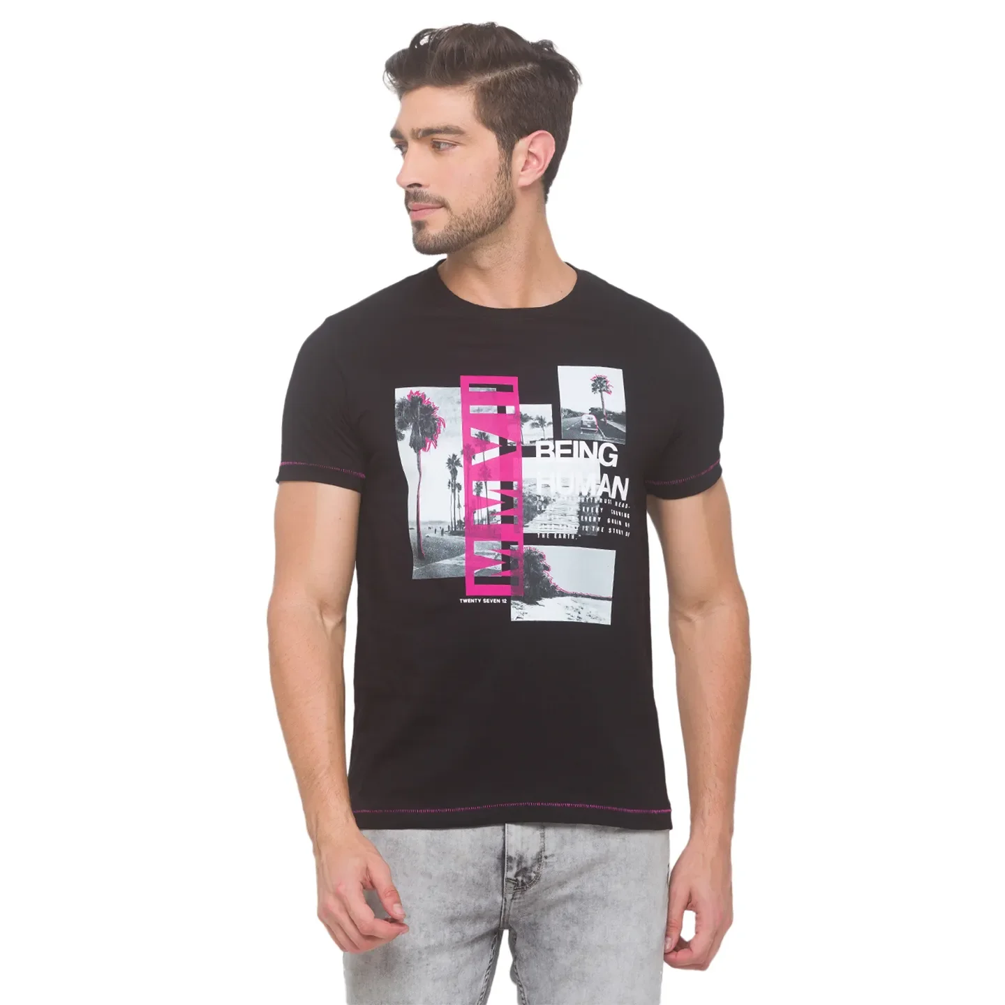 Black Regular Fit Round Neck Men's T-Shirt by Being Human Clothing
