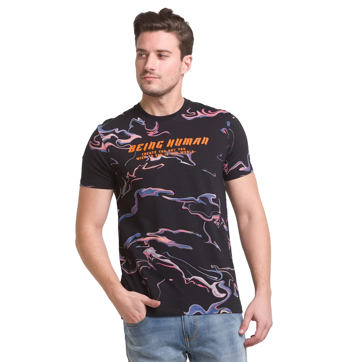 Black Regular Fit Round Neck Men's T-Shirt by Being Human Clothing - Image 3