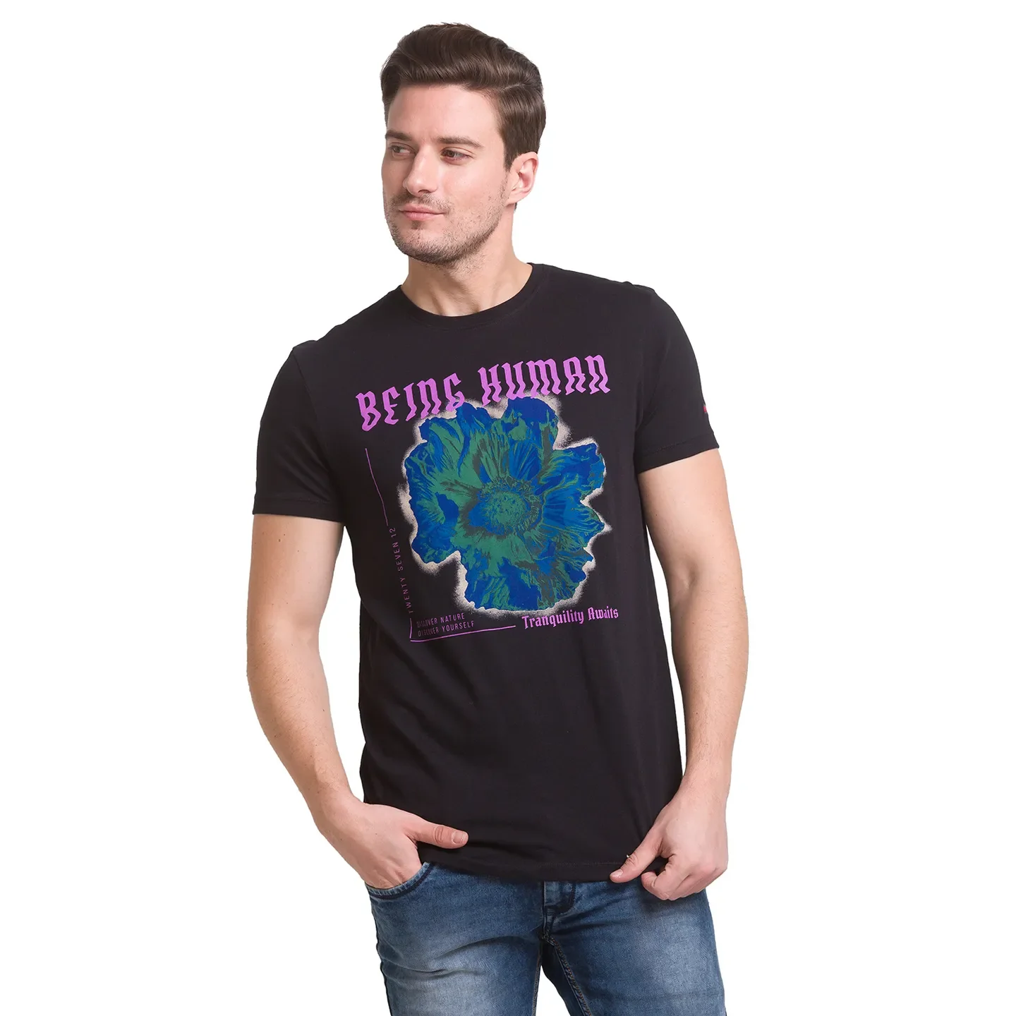 Black Regular Fit Round Neck Men's T-Shirt by Being Human Clothing
