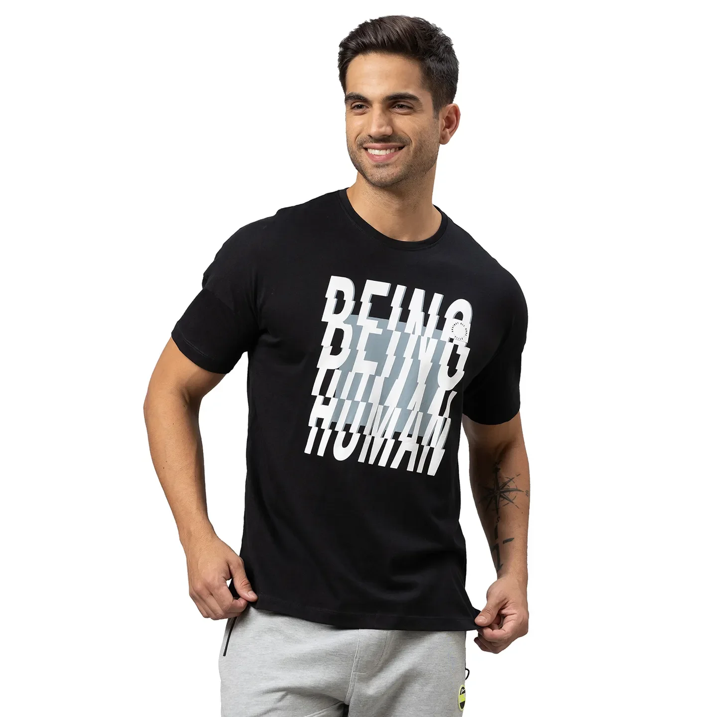 Black Regular Fit Round Neck Men's T-Shirt by Being Human Clothing