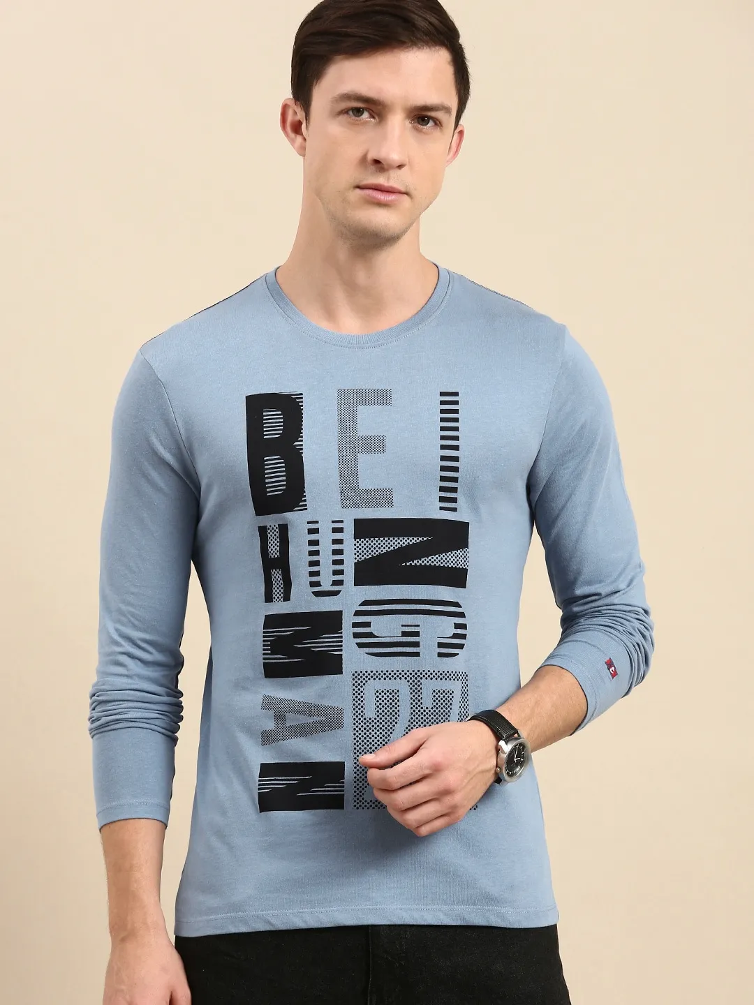 Blue Regular Fit Men's Long Sleeves T-Shirt by Being Human Clothing