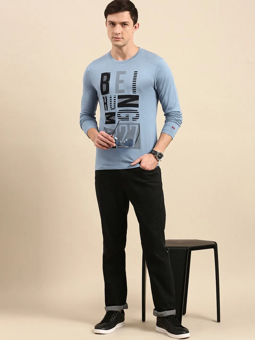 Blue Regular Fit Men's Long Sleeves T-Shirt by Being Human Clothing - Image 5