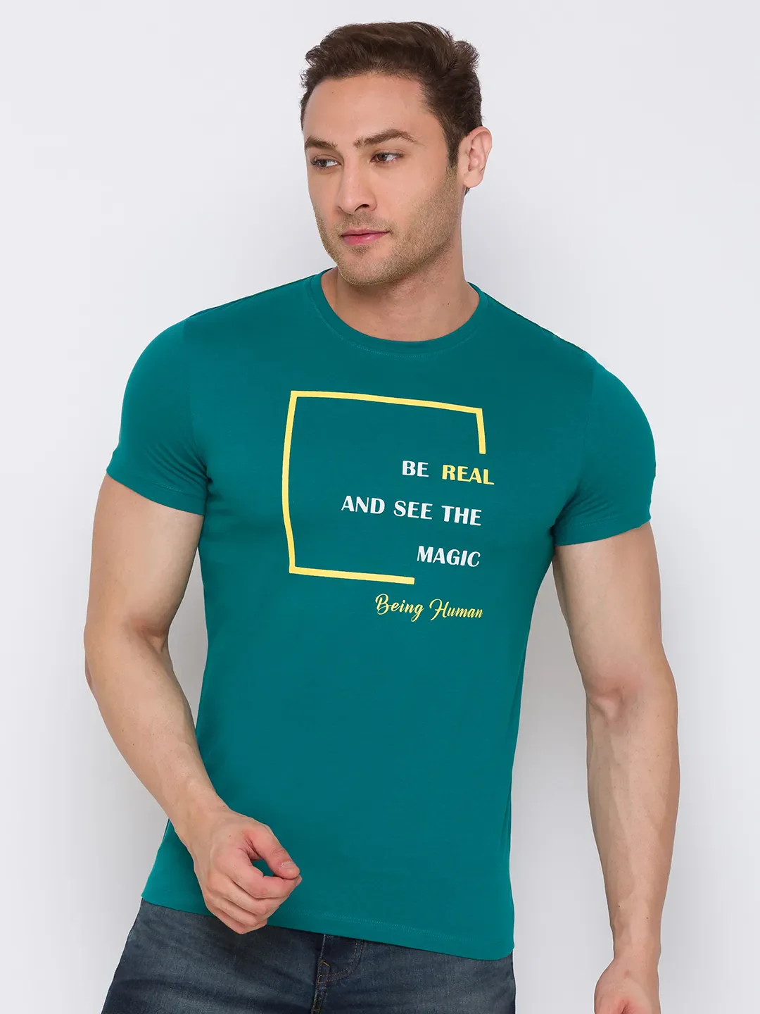 Green Regular Fit Men's Short Sleeves T-Shirt by Being Human Clothing