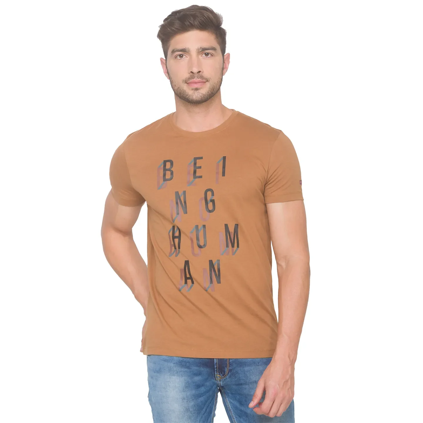 Brown Regular Fit Men's Short Sleeves T-Shirt by Being Human Clothing