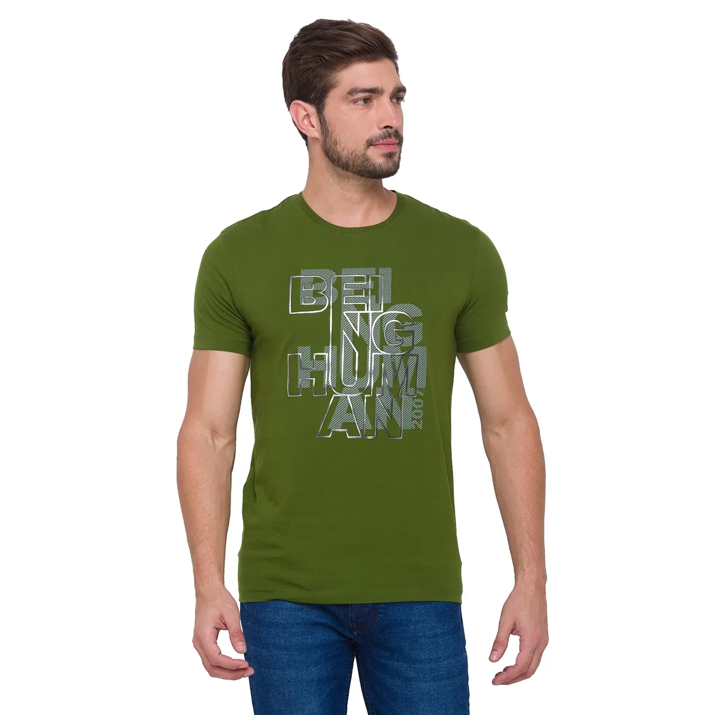 Cactus Green Regular Fit Round Neck Men's T-Shirt by Being Human Clothing