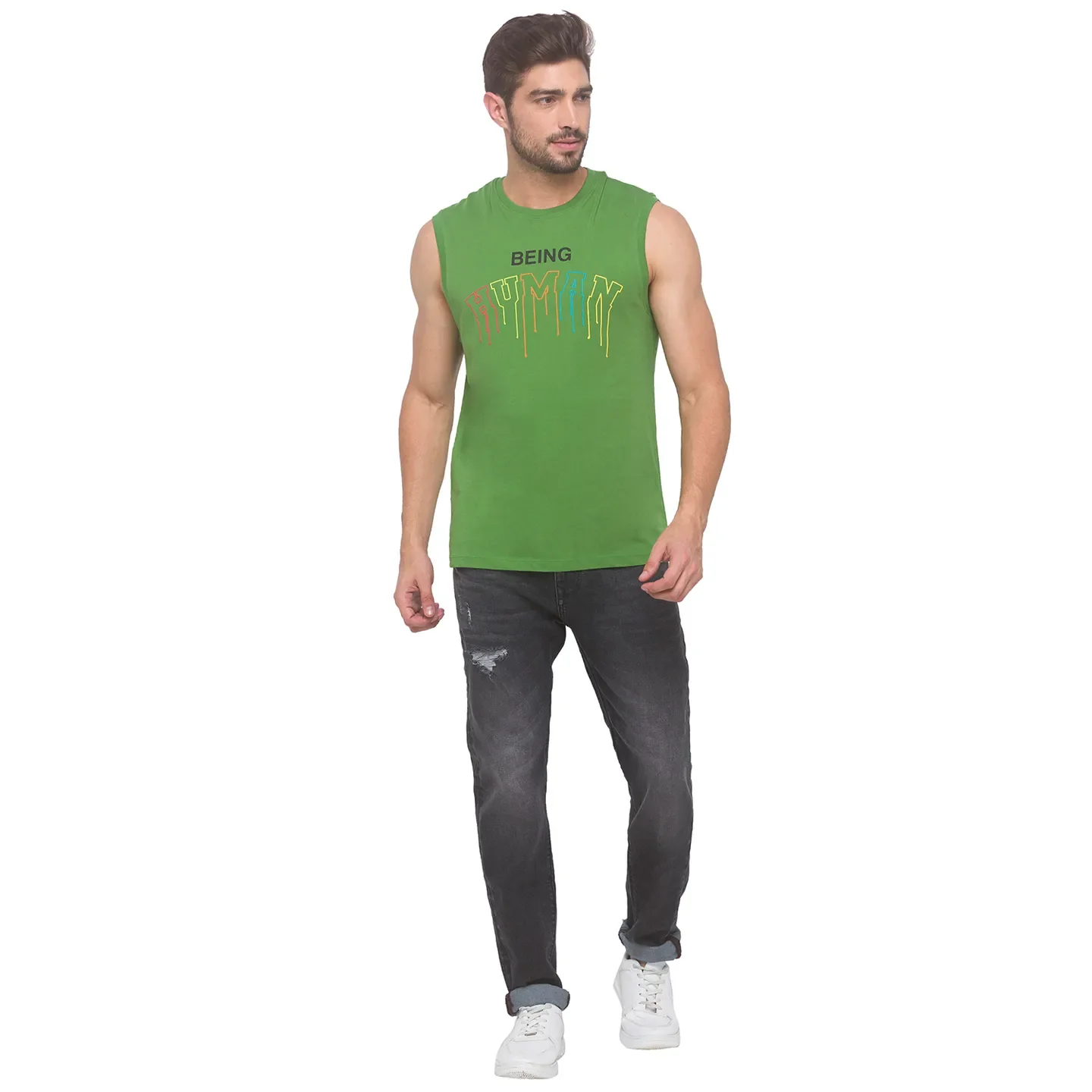 Green Regular Fit Men's Sleevesles T-Shirt by Being Human Clothing - Image 6