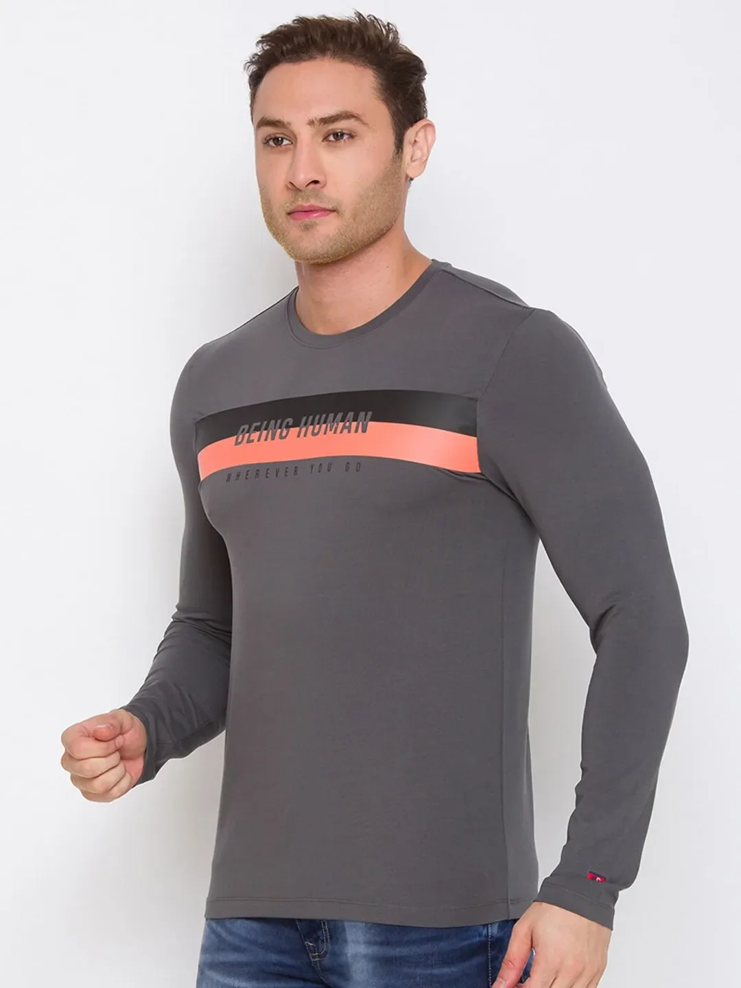 Grey Regular Fit Men's Long Sleeves T-Shirt by Being Human Clothing - Image 2