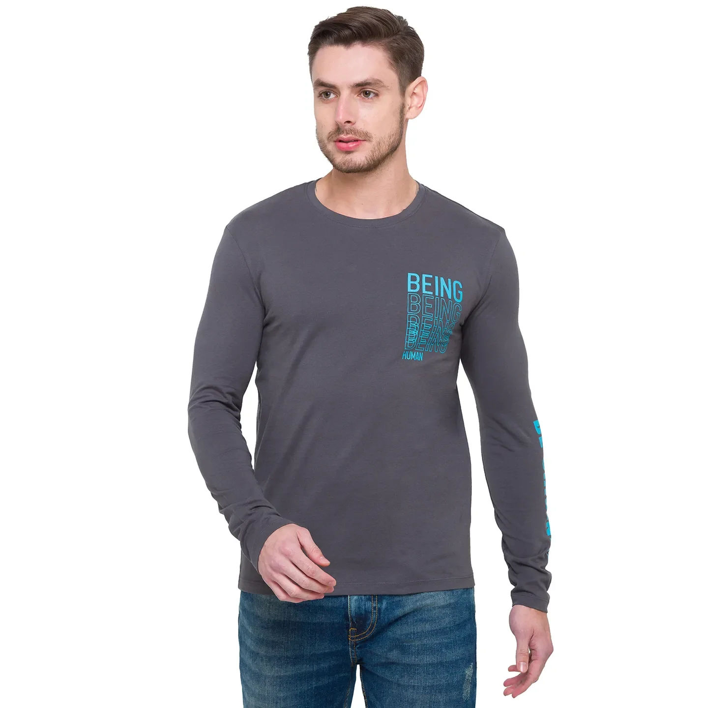 Grey Regular Fit Men's Long Sleeves T-Shirt by Being Human Clothing