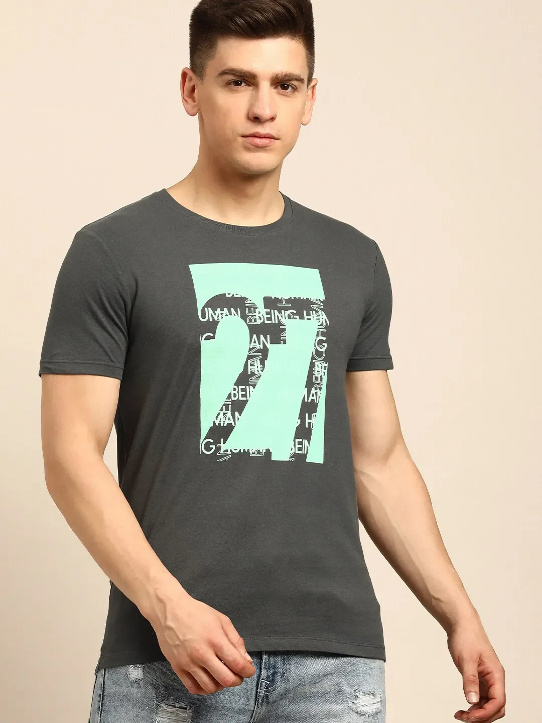 Grey Regular Fit Men's Short Sleeves T-Shirt by Being Human Clothing