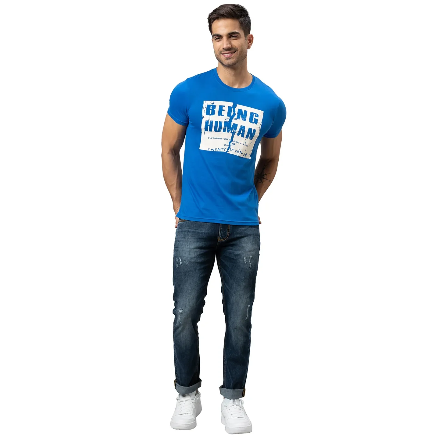 Blue Regular Fit Men's Short Sleeves T-Shirt by Being Human Clothing - Image 2