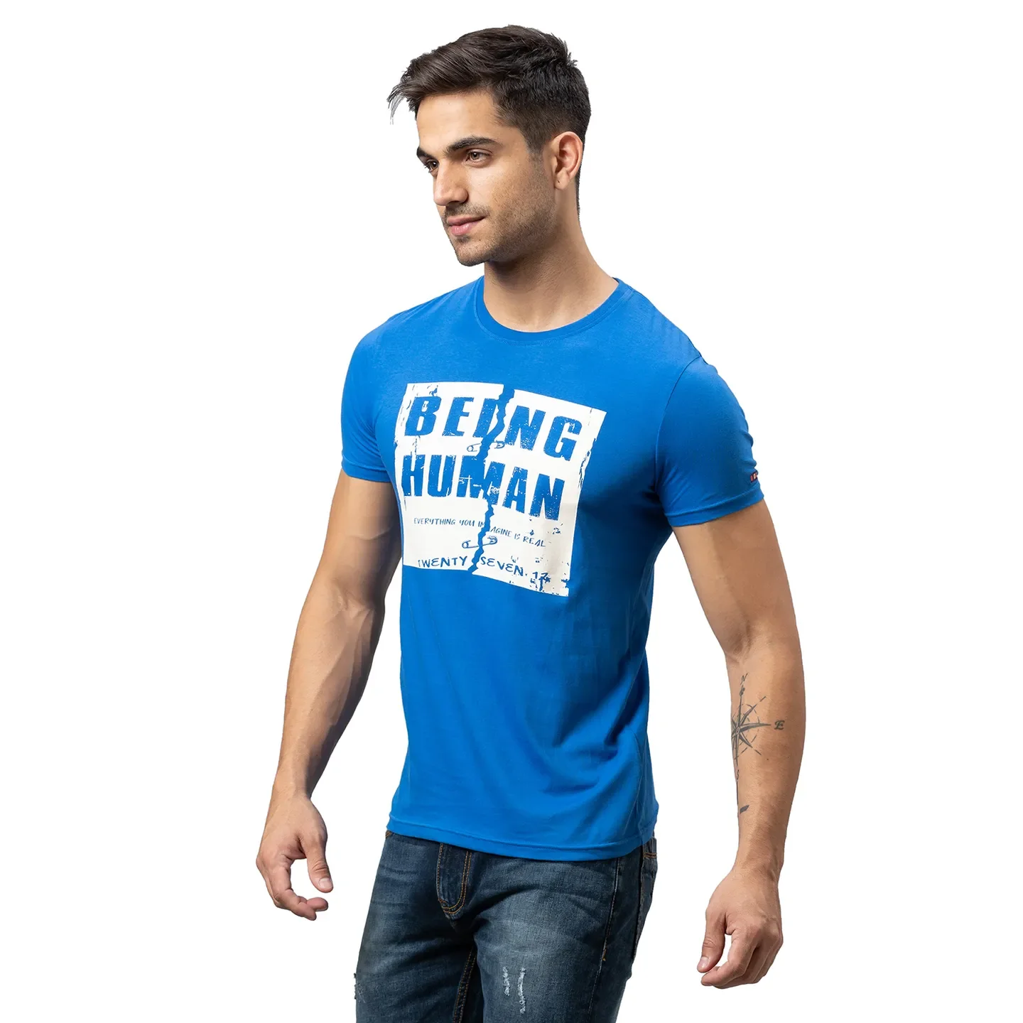 Blue Regular Fit Men's Short Sleeves T-Shirt by Being Human Clothing - Image 4