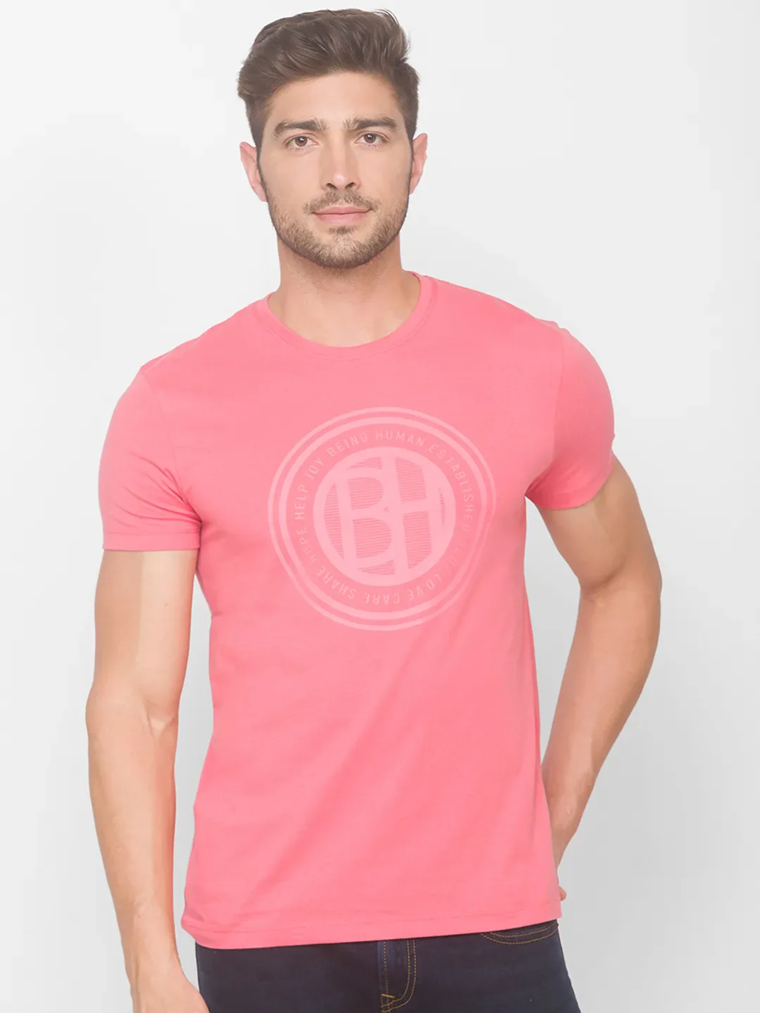 Pink Regular Fit Men's Short Sleeves T-Shirt by Being Human Clothing