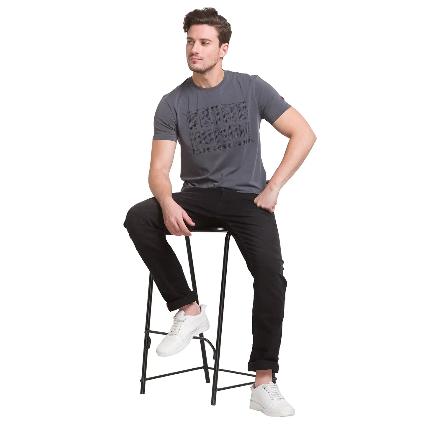 Dark Grey Regular Fit Round Neck Men's T-Shirt by Being Human Clothing - Image 8