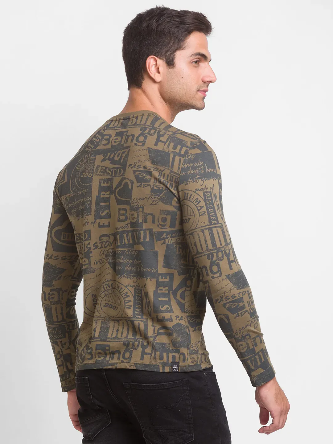 Green Regular Fit Men's Long Sleeves T-Shirt by Being Human Clothing - Image 3
