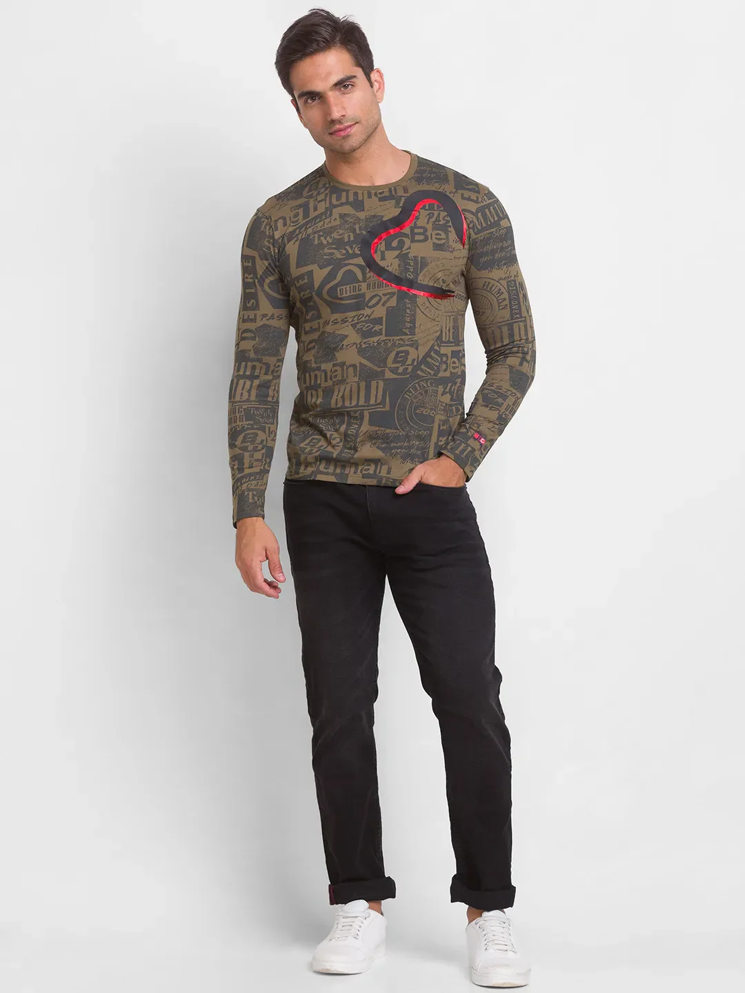 Green Regular Fit Men's Long Sleeves T-Shirt by Being Human Clothing - Image 5